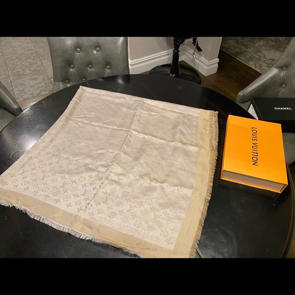 Louie Vuitton wool/silk monogram shawl. Silver and gold